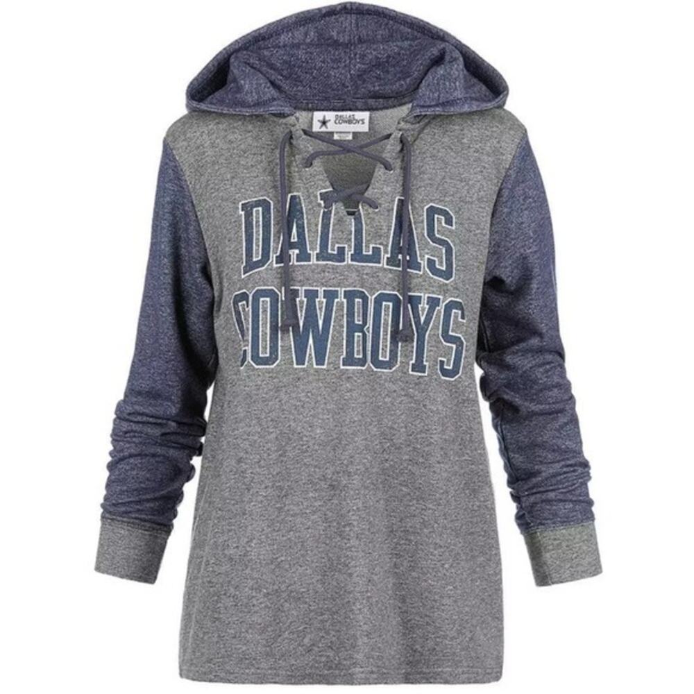 UEC DALLAS COWBOYS NFL HOODED LACE UP V-NECK BLUE GREY SWEATSHIRT SZ M